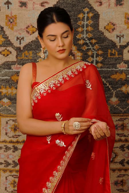 Geroo Jaipur_Red Organza Gota Patti Work Saree With Unstitched Blouse Piece _at_Aza_Fashions