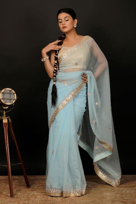 Geroo Jaipur Sky Blue Organza Gota Patti Floral Work Saree With Unstitched Blouse Piece Online at Aza Fashions Geroo Jaipur_Sky Blue Organza Gota Patti Floral Work Saree With Unstitched Blouse Piece _Online_at_Aza_Fashions