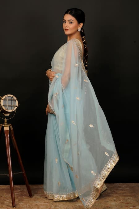 Buy Geroo Jaipur Sky Blue Organza Gota Patti Floral Work Saree With Unstitched Blouse Piece Online at Aza Fashions Buy_Geroo Jaipur_Sky Blue Organza Gota Patti Floral Work Saree With Unstitched Blouse Piece _Online_at_Aza_Fashions