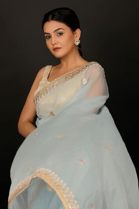 Geroo Jaipur Sky Blue Organza Gota Patti Floral Work Saree With Unstitched Blouse Piece at Aza Fashions Geroo Jaipur_Sky Blue Organza Gota Patti Floral Work Saree With Unstitched Blouse Piece _at_Aza_Fashions
