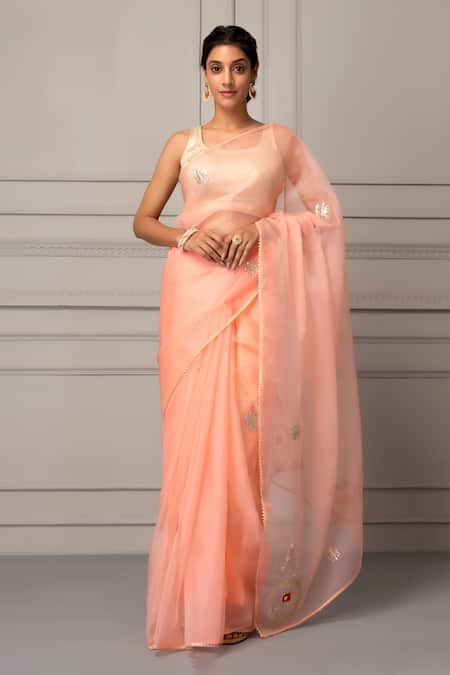 Geroo Jaipur Peach Organza Hand Embroidered Floral Butta Saree With Unstitched Blouse Piece 