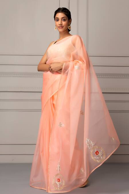 Geroo Jaipur_Peach Organza Gota Patti, Floral Butta Work Saree With Unstitched Blouse Piece_Online_at_Aza_Fashions