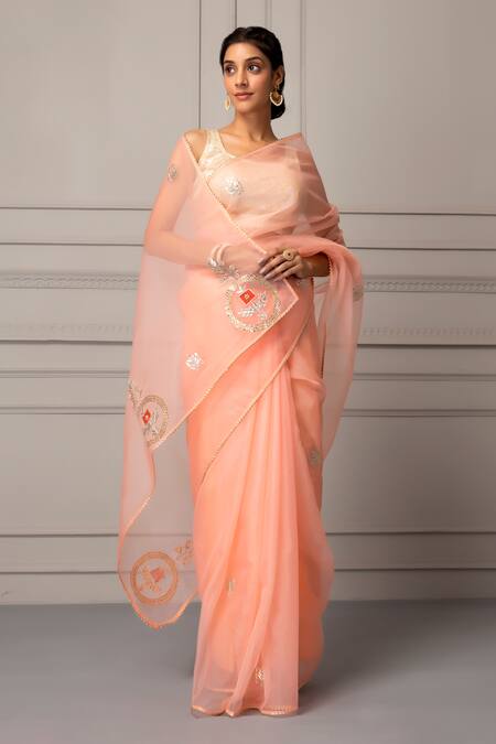 Buy_Geroo Jaipur_Peach Organza Gota Patti, Floral Butta Work Saree With Unstitched Blouse Piece_Online_at_Aza_Fashions