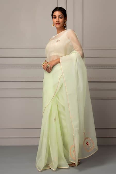 Geroo Jaipur Green Organza Floral Gota Work Saree With Unstitched Blouse Piece Online at Aza Fashions Geroo Jaipur_Green Organza Floral Gota Work Saree With Unstitched Blouse Piece _Online_at_Aza_Fashions