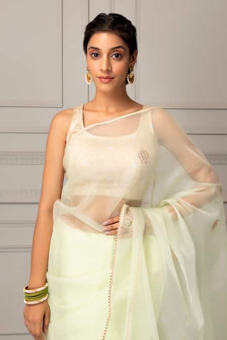 Geroo Jaipur Green Organza Floral Gota Work Saree With Unstitched Blouse Piece at Aza Fashions Geroo Jaipur_Green Organza Floral Gota Work Saree With Unstitched Blouse Piece _at_Aza_Fashions