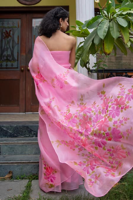 Geroo Jaipur Flower Hand Painted Saree With Unstitched Blouse Piece 