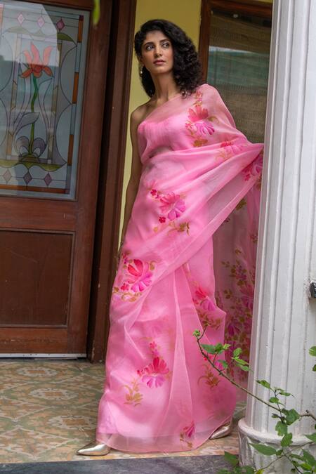 Geroo Jaipur_Pink Organza Flower Hand Painted Saree With Unstitched Blouse Piece _at_Aza_Fashions