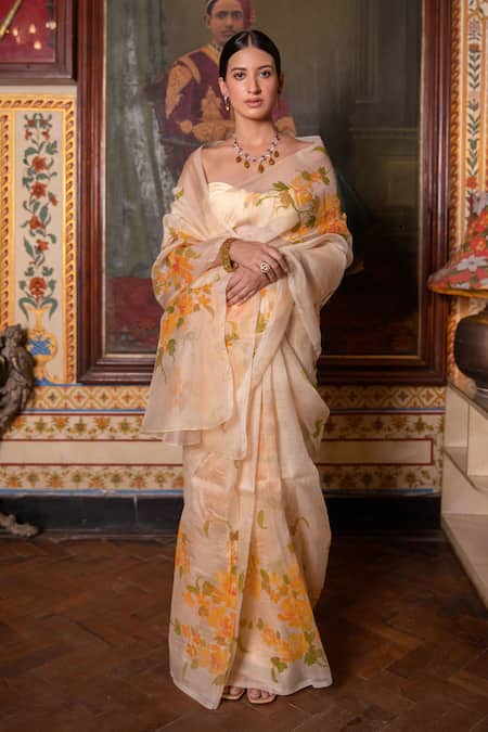 Geroo Jaipur Floret Hand Painted Saree With Unstitched Blouse Piece 