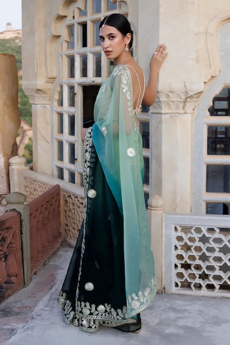 Geroo Jaipur Gota Embroidered Ombre Saree With Unstitched Blouse Piece 