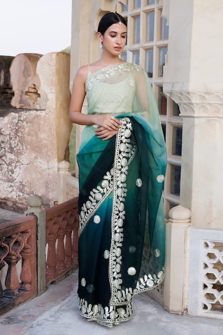 Geroo Jaipur_Green Organza Embroidery, Gota Patti Ombre Saree With Unstitched Blouse Piece _Online_at_Aza_Fashions
