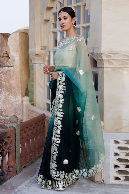 Buy_Geroo Jaipur_Green Organza Embroidery, Gota Patti Ombre Saree With Unstitched Blouse Piece _Online_at_Aza_Fashions