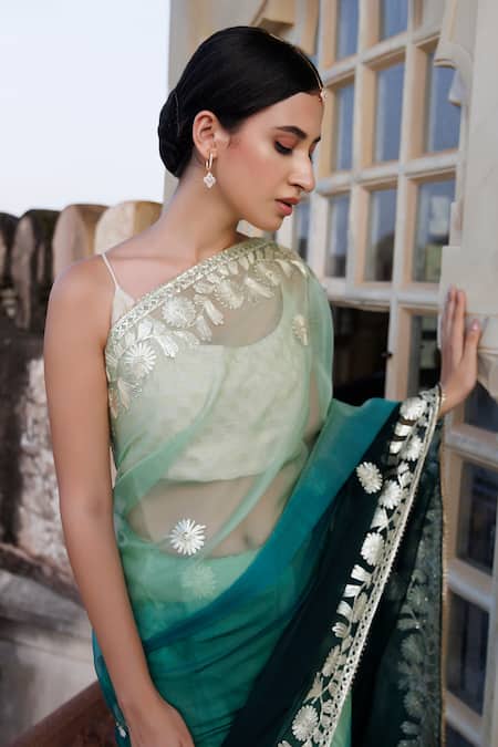 Shop_Geroo Jaipur_Green Organza Embroidery, Gota Patti Ombre Saree With Unstitched Blouse Piece _Online_at_Aza_Fashions