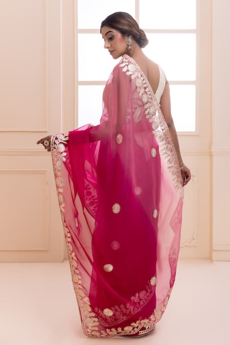 Shop Geroo Jaipur Pink Organza Gota Patti, Floral Embroidered Saree With Unstitched Blouse Piece at Aza Fashions Shop_Geroo Jaipur_Pink Organza Gota Patti, Floral Embroidered Saree With Unstitched Blouse Piece _at_Aza_Fashions