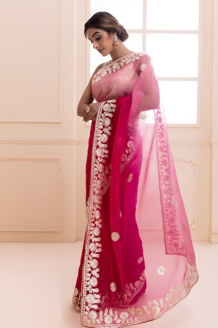 Geroo Jaipur Pink Organza Gota Patti, Floral Embroidered Saree With Unstitched Blouse Piece Online at Aza Fashions Geroo Jaipur_Pink Organza Gota Patti, Floral Embroidered Saree With Unstitched Blouse Piece _Online_at_Aza_Fashions