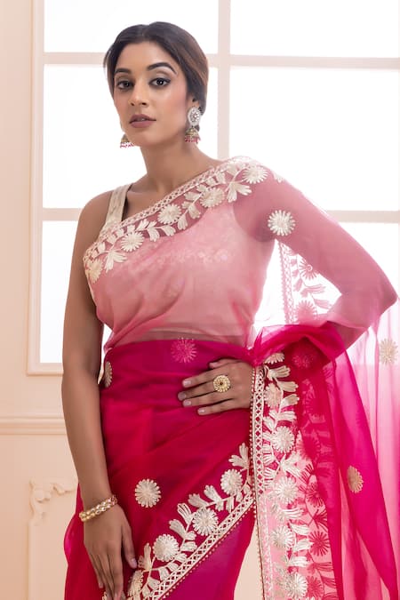Buy Geroo Jaipur Pink Organza Gota Patti, Floral Embroidered Saree With Unstitched Blouse Piece Online at Aza Fashions Buy_Geroo Jaipur_Pink Organza Gota Patti, Floral Embroidered Saree With Unstitched Blouse Piece _Online_at_Aza_Fashions