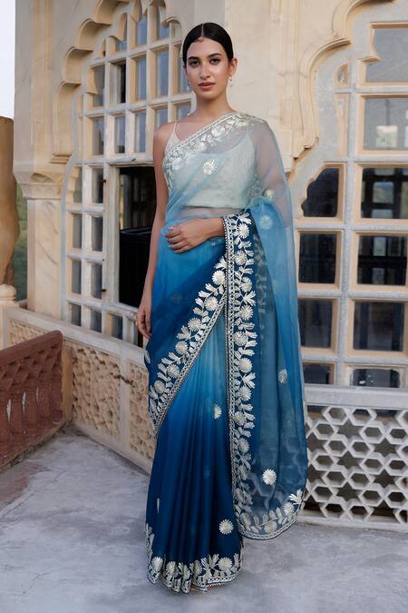 Geroo Jaipur Blue Organza Embroidery Ombre Gota Saree With Unstitched Blouse Piece Online at Aza Fashions Geroo Jaipur_Blue Organza Embroidery Ombre Gota Saree With Unstitched Blouse Piece _Online_at_Aza_Fashions