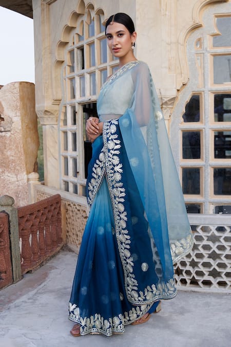 Buy Geroo Jaipur Blue Organza Embroidery Ombre Gota Saree With Unstitched Blouse Piece Online at Aza Fashions Buy_Geroo Jaipur_Blue Organza Embroidery Ombre Gota Saree With Unstitched Blouse Piece _Online_at_Aza_Fashions