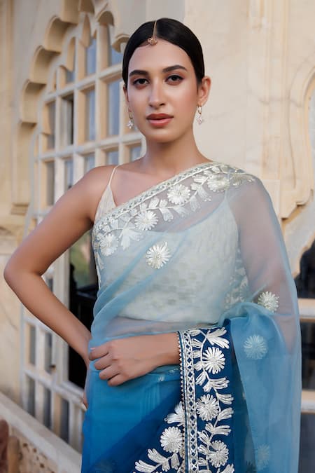 Shop Geroo Jaipur Blue Organza Embroidery Ombre Gota Saree With Unstitched Blouse Piece Online at Aza Fashions Shop_Geroo Jaipur_Blue Organza Embroidery Ombre Gota Saree With Unstitched Blouse Piece _Online_at_Aza_Fashions