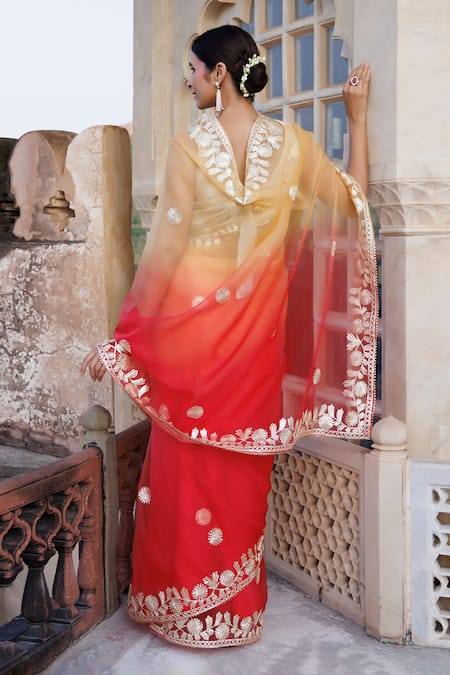 Geroo Jaipur_Yellow Organza Gota Patti Ombre Work Saree With Unstitched Blouse Piece _Online_at_Aza_Fashions