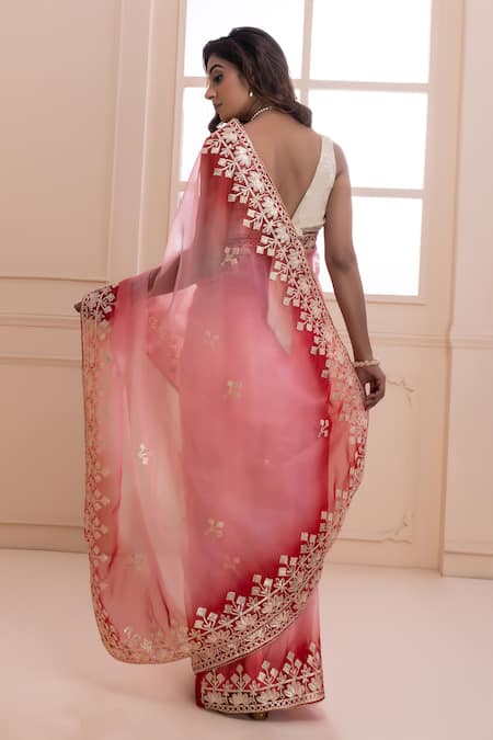 Shop Geroo Jaipur Pink Organza Gota Patti Work Ombre Saree With Unstitched Blouse Piece at Aza Fashions Shop_Geroo Jaipur_Pink Organza Gota Patti Work Ombre Saree With Unstitched Blouse Piece _at_Aza_Fashions