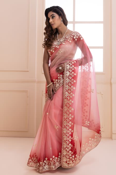 Geroo Jaipur Pink Organza Gota Patti Work Ombre Saree With Unstitched Blouse Piece Online at Aza Fashions Geroo Jaipur_Pink Organza Gota Patti Work Ombre Saree With Unstitched Blouse Piece _Online_at_Aza_Fashions