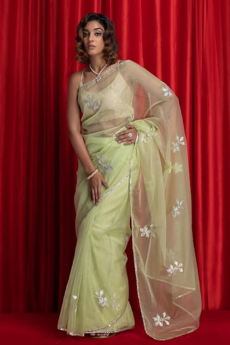 Geroo Jaipur_Green Organza Gota Patti, Floral Work Saree With Unstitched Blouse Piece _Online_at_Aza_Fashions