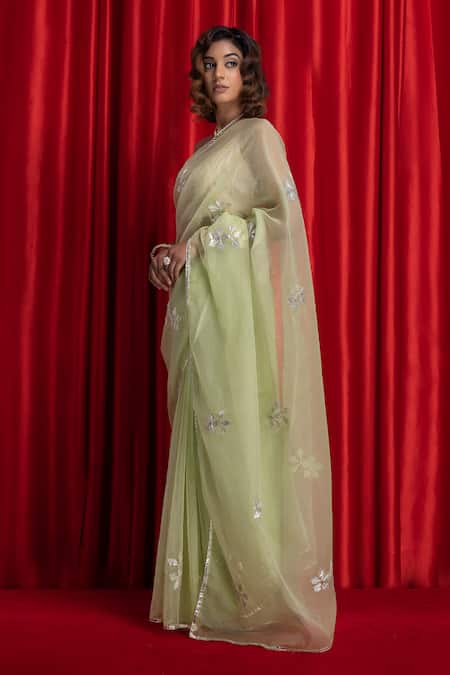 Buy_Geroo Jaipur_Green Organza Gota Patti, Floral Work Saree With Unstitched Blouse Piece _Online_at_Aza_Fashions