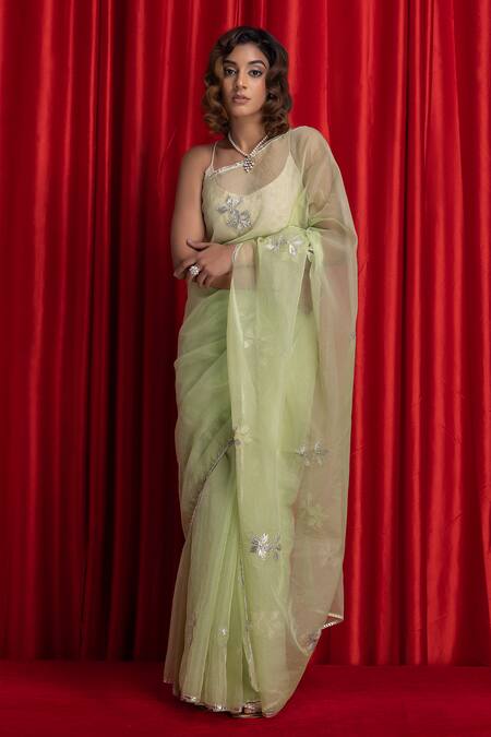 Shop_Geroo Jaipur_Green Organza Gota Patti, Floral Work Saree With Unstitched Blouse Piece _Online_at_Aza_Fashions