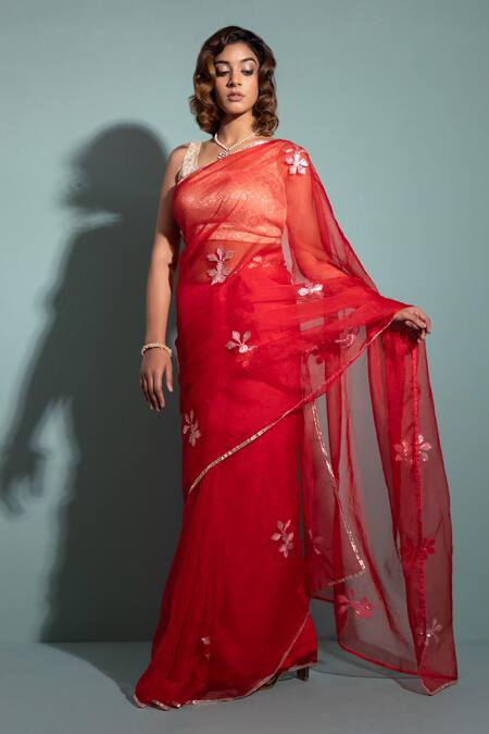 Geroo Jaipur_Red Organza Embroidery Floral Gota Saree With Unstitched Blouse Piece _Online_at_Aza_Fashions