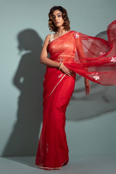 Buy_Geroo Jaipur_Red Organza Embroidery Floral Gota Saree With Unstitched Blouse Piece _Online_at_Aza_Fashions