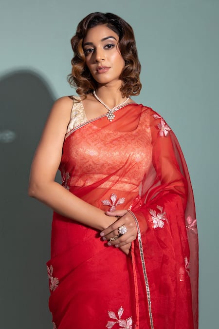 Shop_Geroo Jaipur_Red Organza Embroidery Floral Gota Saree With Unstitched Blouse Piece _Online_at_Aza_Fashions