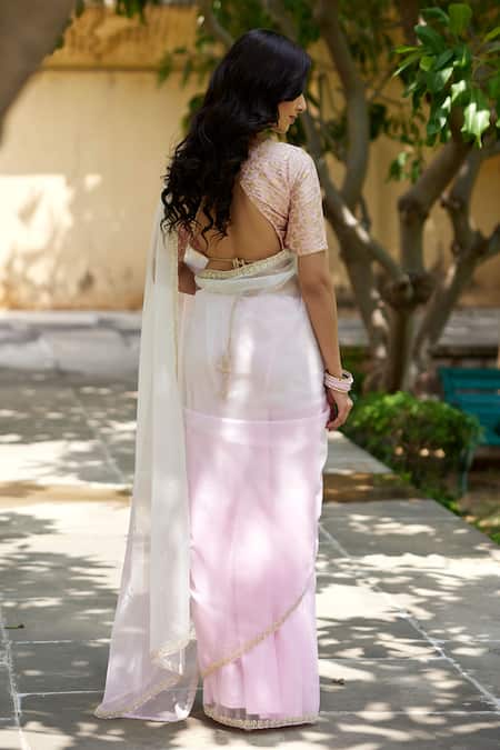 Geroo Jaipur Pearl Work Bordered Saree With Unstitched Blouse Piece 