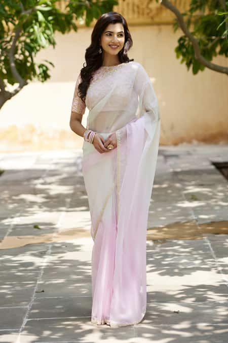 Geroo Jaipur Pink Organza Pearls Work Bordered Saree With Unstitched Blouse Piece Online at Aza Fashions Geroo Jaipur_Pink Organza Pearls Work Bordered Saree With Unstitched Blouse Piece _Online_at_Aza_Fashions