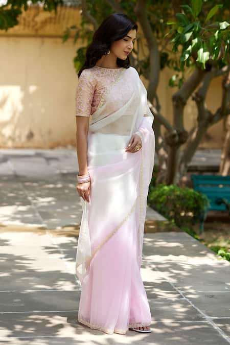 Buy Geroo Jaipur Pink Organza Pearls Work Bordered Saree With Unstitched Blouse Piece Online at Aza Fashions Buy_Geroo Jaipur_Pink Organza Pearls Work Bordered Saree With Unstitched Blouse Piece _Online_at_Aza_Fashions