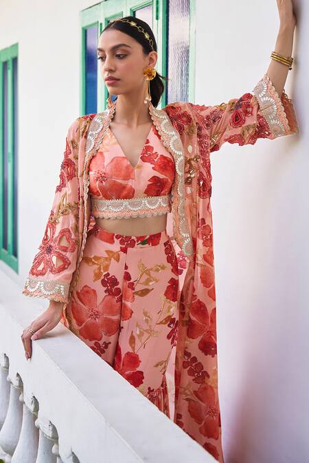 Varun Bahl Floral Print Kaftan Cape With Palazzo Set 