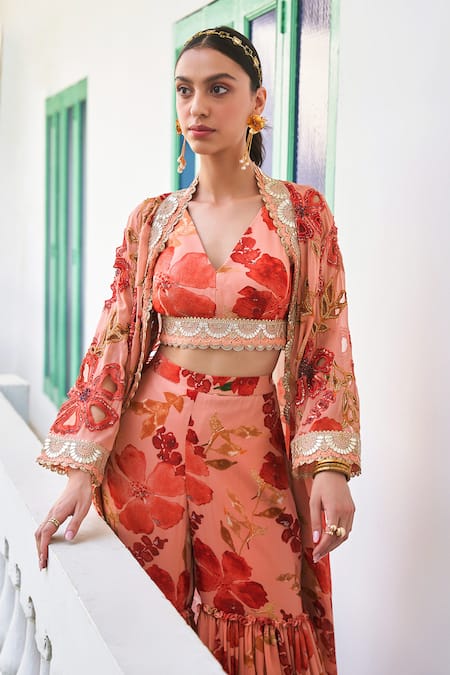 Varun Bahl_Peach Georgette Sequins, Beads V-neck Floral Print Kaftan Cape With Palazzo Set _Online_at_Aza_Fashions