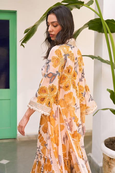 Shop_Varun Bahl_Yellow Georgette Embroidery, Beads V-neck Floral Print Cape With Sharara Set _at_Aza_Fashions