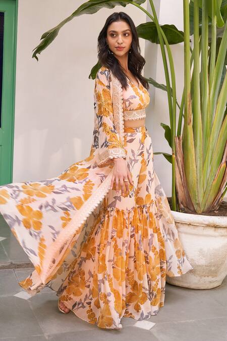 Varun Bahl_Yellow Georgette Embroidery, Beads V-neck Floral Print Cape With Sharara Set _Online_at_Aza_Fashions