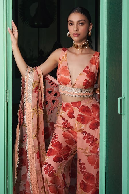 Varun Bahl_Peach Viscose, Georgette Sequins, Beads Floret Print Cape With Sharara Set _Online_at_Aza_Fashions