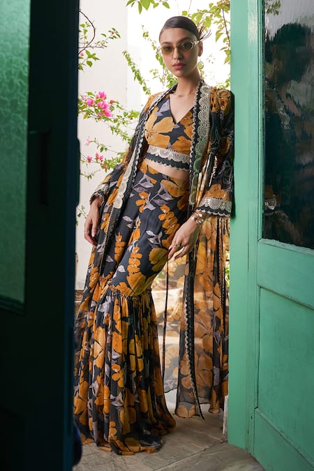 Varun Bahl Grey Georgette Embroidery, Beads, Sequins Flower Print Cape With Sharara Set Online at Aza Fashions Varun Bahl_Grey Georgette Embroidery, Beads, Sequins Flower Print Cape With Sharara Set _Online_at_Aza_Fashions