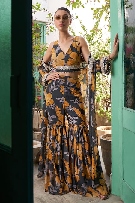 Buy Varun Bahl Grey Georgette Embroidery, Beads, Sequins Flower Print Cape With Sharara Set Online at Aza Fashions Buy_Varun Bahl_Grey Georgette Embroidery, Beads, Sequins Flower Print Cape With Sharara Set _Online_at_Aza_Fashions