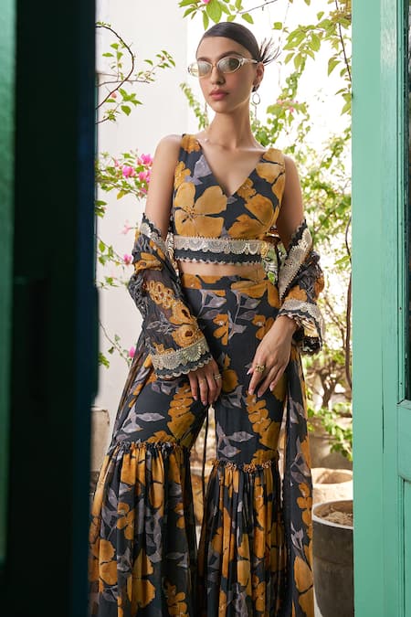 Shop Varun Bahl Grey Georgette Embroidery, Beads, Sequins Flower Print Cape With Sharara Set Online at Aza Fashions Shop_Varun Bahl_Grey Georgette Embroidery, Beads, Sequins Flower Print Cape With Sharara Set _Online_at_Aza_Fashions