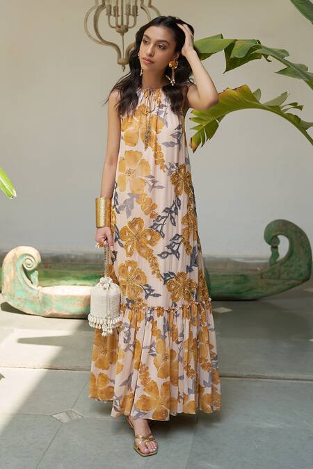 Varun Bahl Grey Georgette Printed Floral Pattern Halter Neck Dress