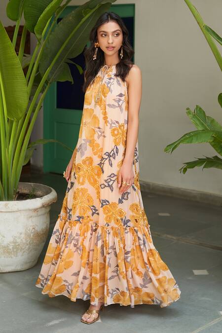 Buy Varun Bahl Grey Georgette Printed Floral Pattern Halter Neck Dress Buy_Varun Bahl_Grey Georgette Printed Floral Pattern Halter Neck Dress