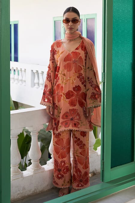 Shop Varun Bahl Peach Crepe, Georgette, Lurex, Muslin Floral Print Short Kurta Trouser Set Online at Aza Fashions Shop_Varun Bahl_Peach Crepe, Georgette, Lurex, Muslin Floral Print Short Kurta Trouser Set _Online_at_Aza_Fashions
