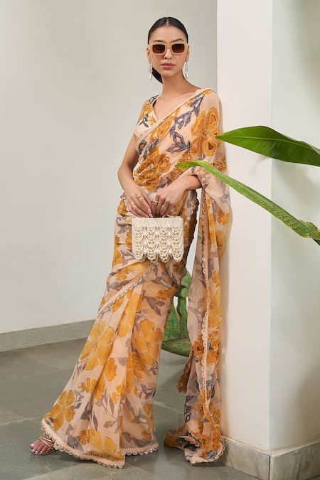 Shop_Varun Bahl_Yellow Viscose, Chiffon, Crepe, Lurex Sequins, Floral Print Saree With Blouse _at_Aza_Fashions