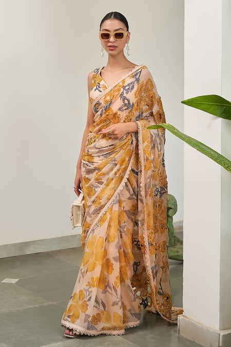 Varun Bahl_Yellow Viscose, Chiffon, Crepe, Lurex Sequins, Floral Print Saree With Blouse _Online_at_Aza_Fashions