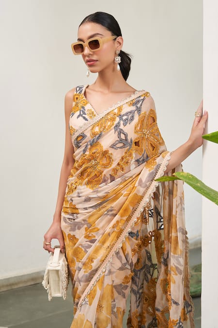 Buy_Varun Bahl_Yellow Viscose, Chiffon, Crepe, Lurex Sequins, Floral Print Saree With Blouse _Online_at_Aza_Fashions
