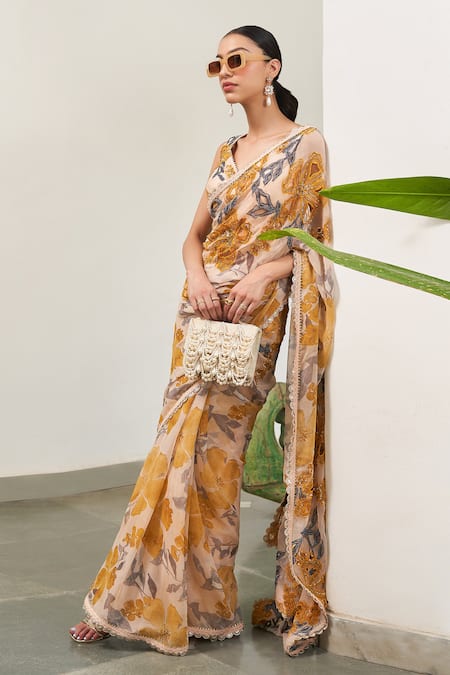 Shop_Varun Bahl_Yellow Viscose, Chiffon, Crepe, Lurex Sequins, Floral Print Saree With Blouse _Online_at_Aza_Fashions