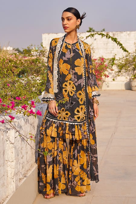 Varun Bahl Yellow Georgette Printed Floral Pattern Round Sharara Set With Overlay  